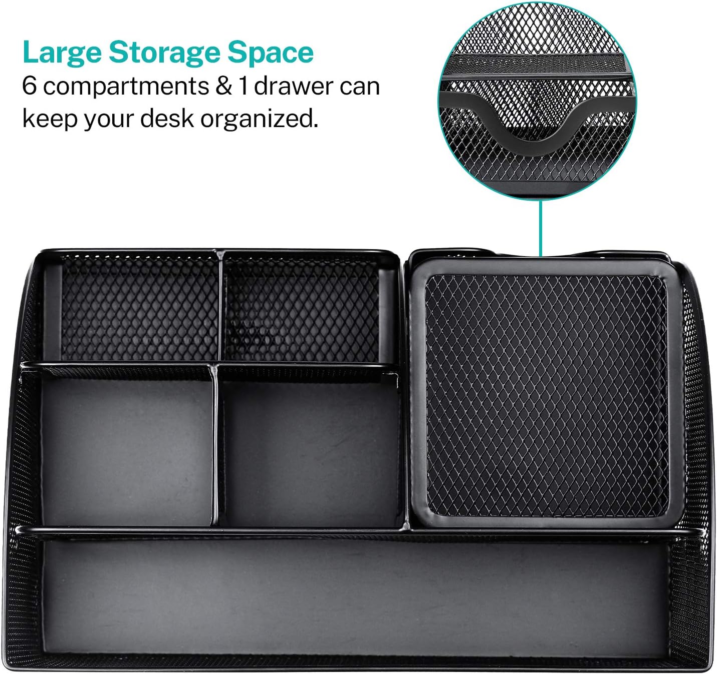 MaxGear Mesh Desk Organizer Office Desktop Organizer with Drawer, Metal Stationary Organizer Black Desk Caddy, 6 Compartments, 8.7 x 5.5 x 5 inch, 1 Pack - Image 2